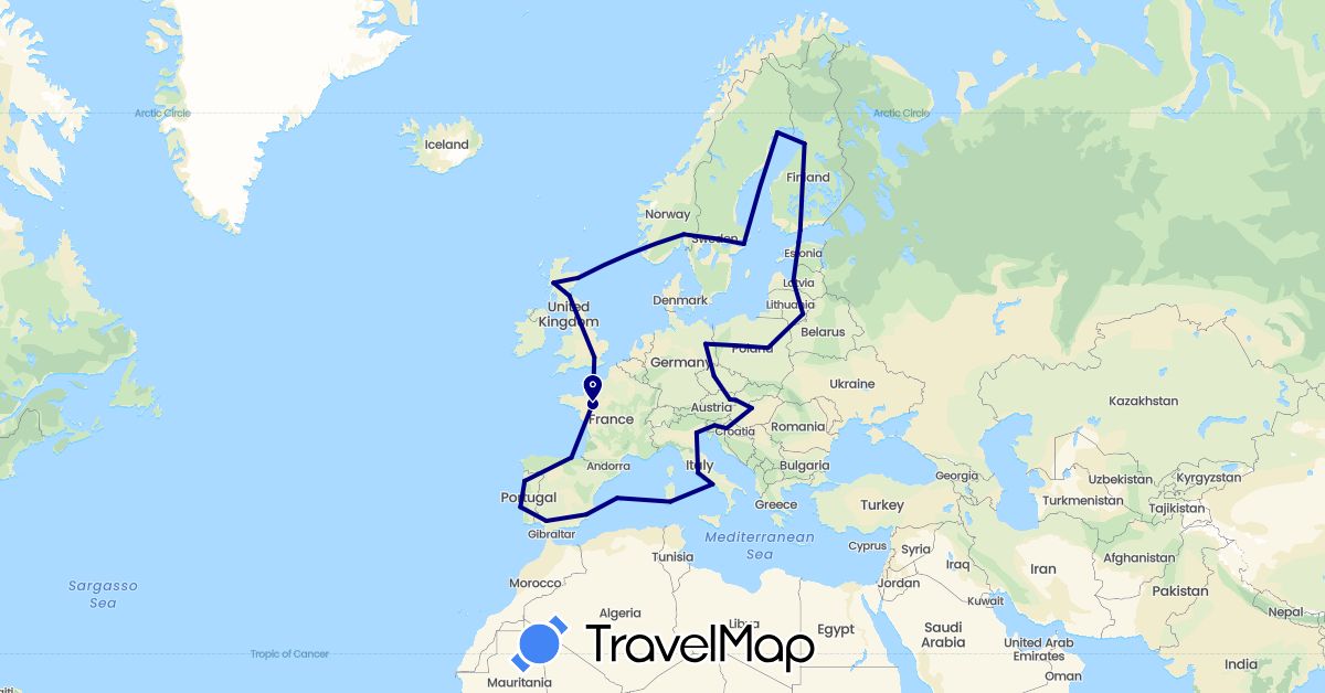 TravelMap itinerary: driving in Austria, Czech Republic, Germany, Estonia, Spain, Finland, France, United Kingdom, Croatia, Hungary, Italy, Lithuania, Latvia, Norway, Poland, Portugal, Sweden, Slovenia, Slovakia (Europe)